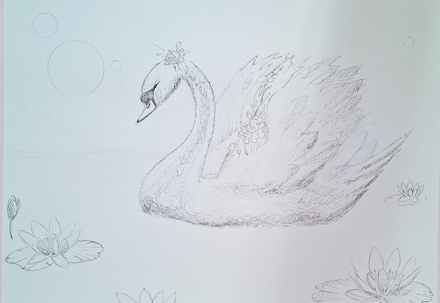 Swan with waterlilies