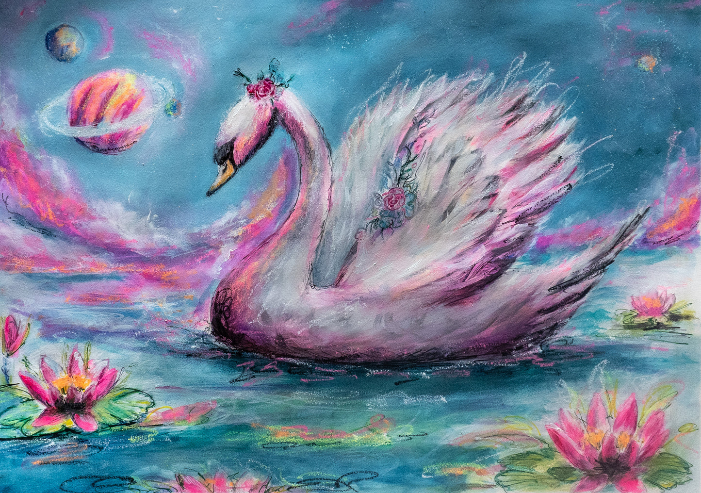 Swan with waterlilies